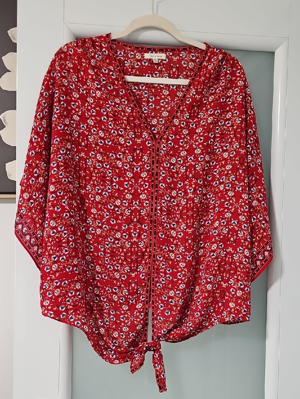 Max Studio Red Floral Tie-Front Blouse